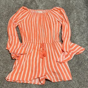 orange striped off the shoulder cinch waist romper